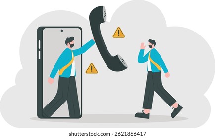 aviso sobre ligações fraudulentas. Tenha cuidado com os perigos de fraude através de chamadas telefônicas. um criminoso ou fraudador aparece a partir do smartphone. design de conceito de ilustração de estilo plano. gráfico

