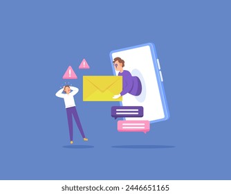 advertencia sobre SMS fraudulentos. Tenga cuidado con los peligros de fraude a través de mensajes SMS o correos electrónicos. un delincuente o estafador aparece desde el teléfono inteligente. diseño de concepto de ilustración de estilo plano. gráfico