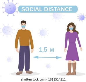 Warning about maintaining social distance during quarantine. Safety while walking. People walk in masks at a distance of 1.5 meters from each other. coronovirus epidemic