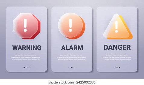 Warning abstract mobile app pages in glassmorphism style. Alarm vector banners set.