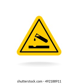 Warning acid sign. Triangle yellow chemistry sticker. Test tube with acid drop.