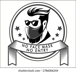 Warning ad barber shop for men without a mask do not enter. A brutal hipster with hairstyle in a mask from the coronavirus COVID-19