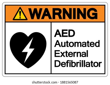 Warnhinweis AED Automated External Defibrillator Symbol Sign, Vektorgrafik, einzeln auf weißem Hintergrund Label .EPS10 