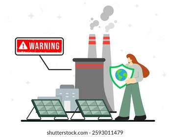 Warning air pollution on factory with change renewable energy from solar panel. Save earth. 