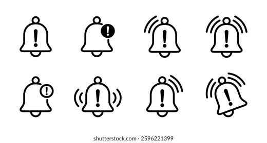 Warning alarm bell outline icon set collection. Notification sign. Danger caution symbol