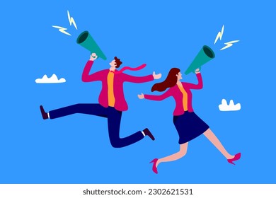  warning alert or beware or important message concept, businessman and woman shouting on megaphone
