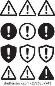 Conjunto de íconos de advertencia y alerta con signos de exclamación en Formas triangulares, circulares y de escudo para mensajes de peligro.
