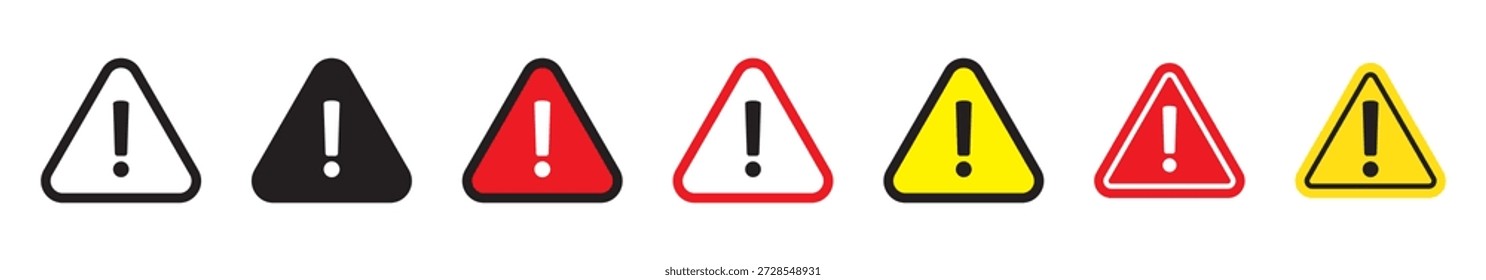 Warning and Alert Icon Set with Exclamation Mark in Triangle, Caution and Attention Symbols