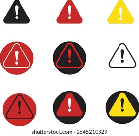 Conjunto de Ícones de Aviso e Alerta | Ícones de exclamação triângulo no estilo de cor plana
