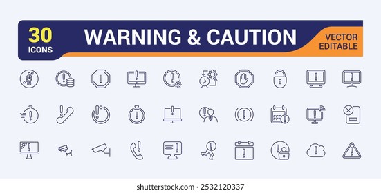 Ícone de Aviso e Alerta definido. Conjunto de ícones de aviso, alarme, cuidado e atenção. Coleção de ícones linear. Traçado editável. Ilustração vetorial