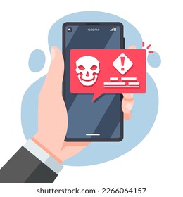 Mensaje de alerta de aviso en la pantalla del smartphone con el logo del robot Skull. notificaciones de mensajes de correo basura, virus y fraude en el móvil. Mano sosteniendo el teléfono. Diseño plano de ilustración vectorial.
