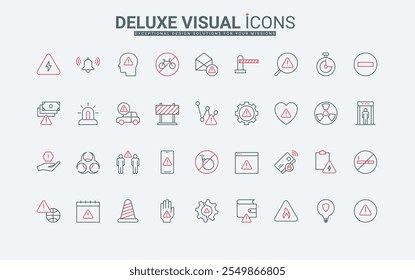 Mensajes de advertencia y alerta, notificaciones de advertencia de peligro y conjunto de iconos de línea de falla. Signos de exclamación para advertir, notar y detener problemas delgados de contorno negro y rojo Ilustración vectorial