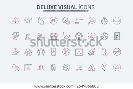 Warning and alert messages, notifications for danger caution and failure line icon set. Exclamation signs to warn, notice and stop problems thin black and red outline symbols vector illustration