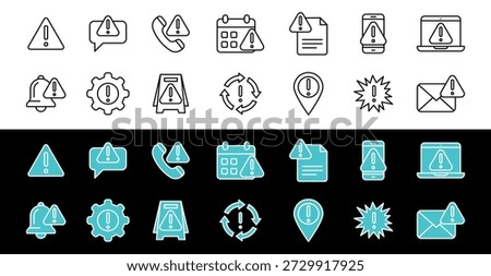 Warning alert notification set icon for interface design and system messages in line and fill style