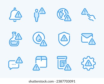 Warning and Alert Notification vector line icons. Error, Attention and Caution outline icon set. Medicines, Poison, Delivery Box, Mail, Settings, Bell and more.