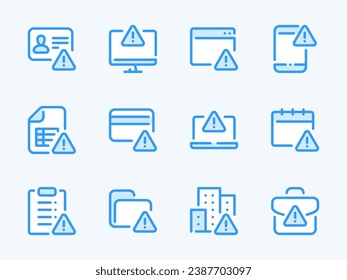 Iconos de línea vectorial Aviso y Aviso de alerta. Juego de iconos de esquema de error, atención y precaución. Pago, Documento, Carpeta, Identificación, Sitio Web, Calendario y más.