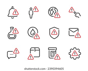 Warning and Alert Notification vector line icons. Error, Attention and Caution outline icon set. Color highlight symbols.