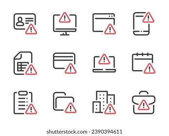 Warnung und Warnmeldung Vektorliniensymbole. Symbol für Fehler, Aufmerksamkeit und Vorsicht wird gesetzt. Symbole für Farbmarkierungen.