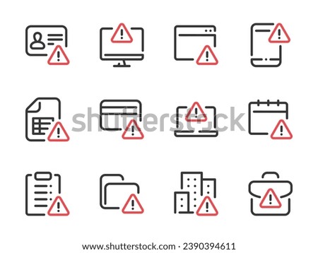 Warning and Alert Notification vector line icons. Error, Attention and Caution outline icon set. Color highlight symbols.