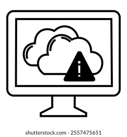 Warning alert on cloud computing system, displayed in monitor icon vector design symbol illustration, for data storage.
