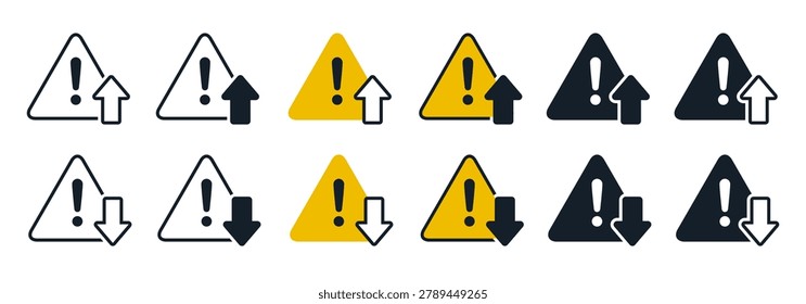 Warning alert triangle with up and down arrow trend, decrease and increase potential, low and high security threat, risk management strategy