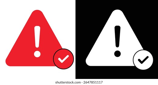 Warning Alert Triangle in Red and White Approved Icon. Exclamation mark in triangle Verified icon isolated on transparent background