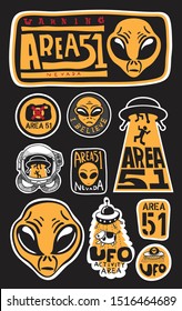 Warning Area 51 and UFO Sign, yellow font sign on a black background, vector illustration