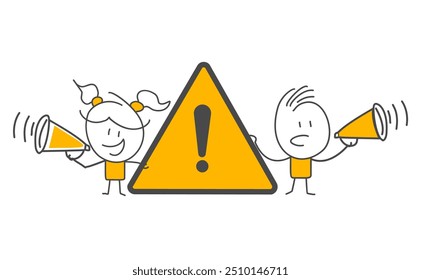 Warning and attention concept, business people announce with megaphone attention exclamation mark. Important announcement, attention or warning information, breaking news or urgent message .