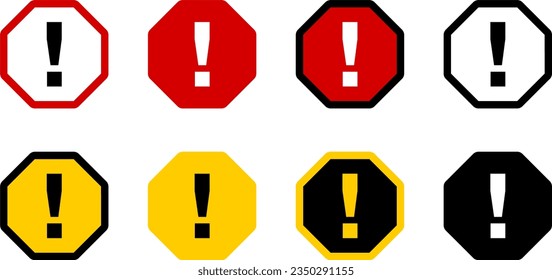 Warning Attention Exclamation Mark Symbol Icon Set with Red Black Yellow and White Octagonal Traffic Sign Elements. Vector Image.