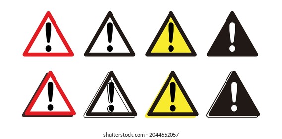 Warning attention icon exclamation mark. Triangular warning symbols with exclamation mark. Caution alarm set, danger signs collection, attention vector icon. eps10 vector