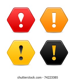 Warning attention icon with exclamation mark sign. Colored hexagon shape web 2.0 button with shadow on white
