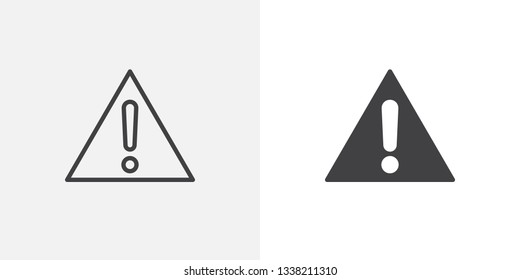 Warning attention icon. line and glyph version, outline and filled vector sign. Exclamation mark triangle linear and full pictogram. Symbol, logo illustration. Different style icons set