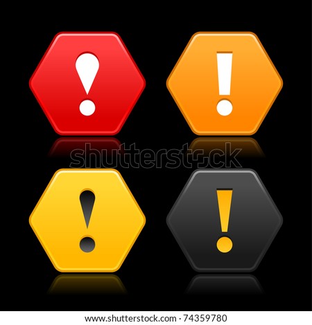 Warning attention icon web 2.0 button. Colored hexagon shape with color reflection on black background