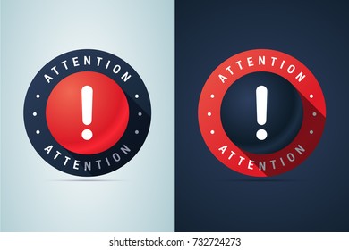 Warning attention round sign with exclamation mark symbol. Two color variants for dark and white backgrounds. Vector illustration.