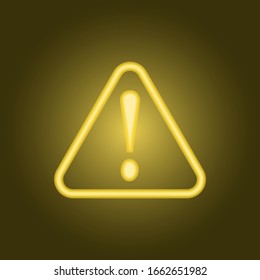 Warning attention sign with exclamation mark symbol. Yellow, orange, red neon icon at dark background.