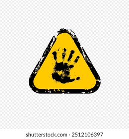 Señal de advertencia de atención con símbolo de señal de parada de mano en estilo negro grunge sucio