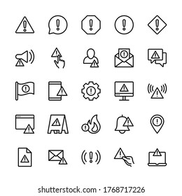 Warning and attention vector symbol icons set. Contains such icons as alert, exclamation mark, warning sign, danger, error and more. Isolated collection of alert for web sites. Editable Stroke.