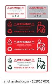 Warning, To Avoid Danger Of Suffocation, Keep Away From Babies And Children. This Bag Is Not A Toy. Sticker Or Tag Label, Vector EPS 10.