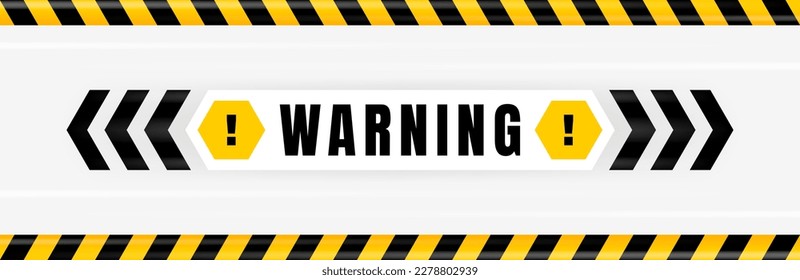 Warning badge placed on gray background with black and yellow line striped. Attention label with Exclamation mark on hexagon. Vector illustration.