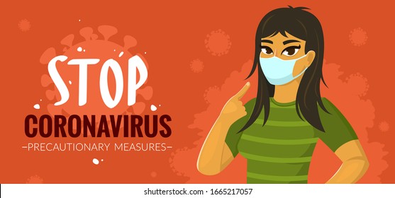 Warning banner with asian woman wearing surgical mask pointing to a medical mask, stop Coronavirus, vector illustration