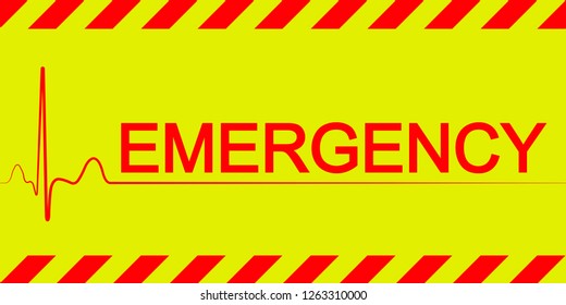 Warning banner sticker emergency, red and yellow diagonal stripes, vector sign symbol heartbeat, text emergency