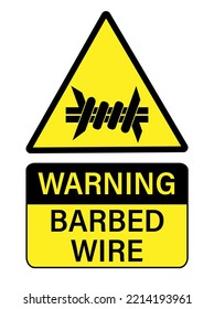 Warning barbed wire, yellow triangle sign with silhouette and text.