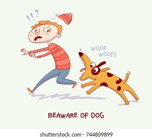 Warning. Beaware Of Dog. Dog Bite Man. Funny Cartoon Character. Vector Illustration. Isolated Background