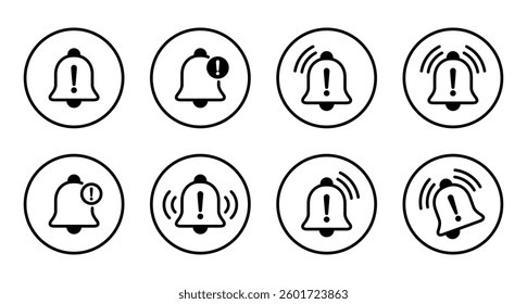 Warning bell icon set collection on circle line. Danger caution notification sign symbol