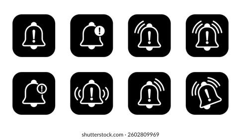 Warning bell icon set collection on black square. Danger caution notification sign symbol