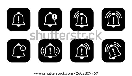Warning bell icon set collection on black square. Danger caution notification sign symbol