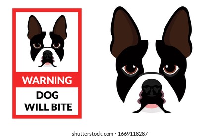 Cuidado con el perro, el perro morderá no entra. Icono de perro vector Bulldog francés.