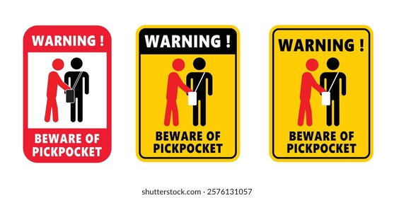 warning, beware of pickpocket. Caution, stop pick pockets awareness. Beware thief steals money, purse, wallet or valuables in your bag. Robbery, thief and crime icon. Anti theft and hand concept