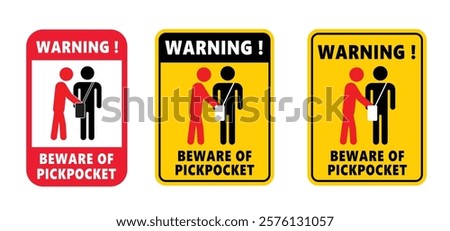 warning, beware of pickpocket. Caution, stop pick pockets awareness. Beware thief steals money, purse, wallet or valuables in your bag. Robbery, thief and crime icon. Anti theft and hand concept