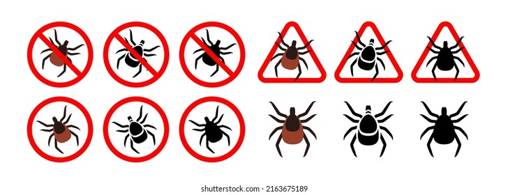 Warning, beware of ticks. Ticks in the prohibition sign. Camping signs. Vector set isolated on white background.